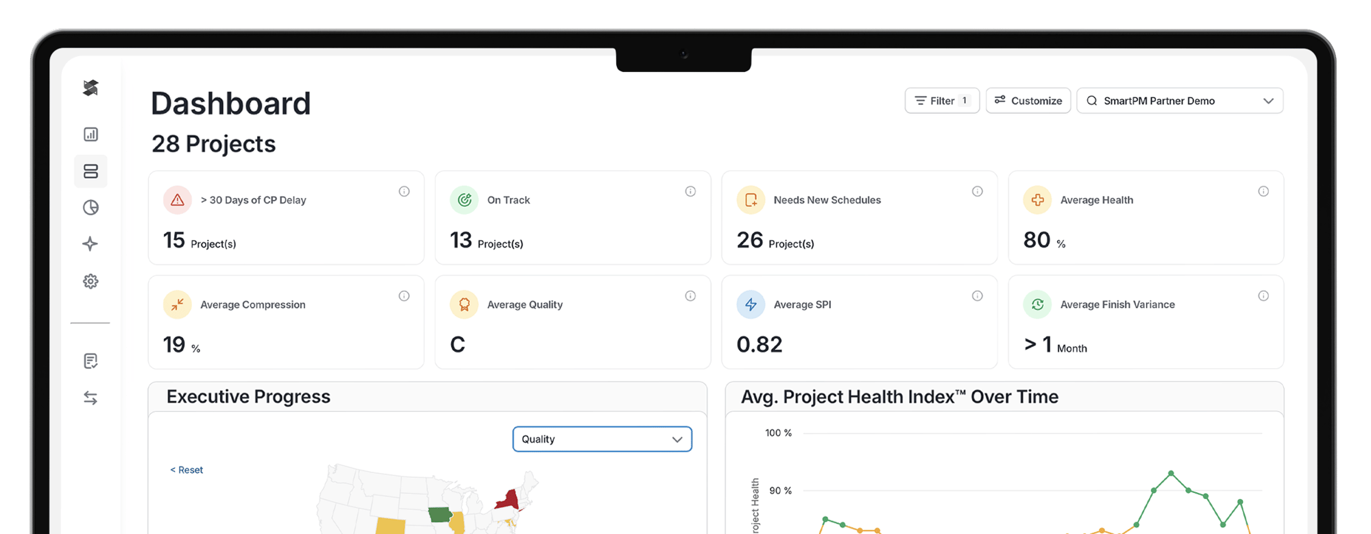 SmartPM dashboard showing portfolio metrics across multiple projects, including schedule delay, health, quality, and SPI.