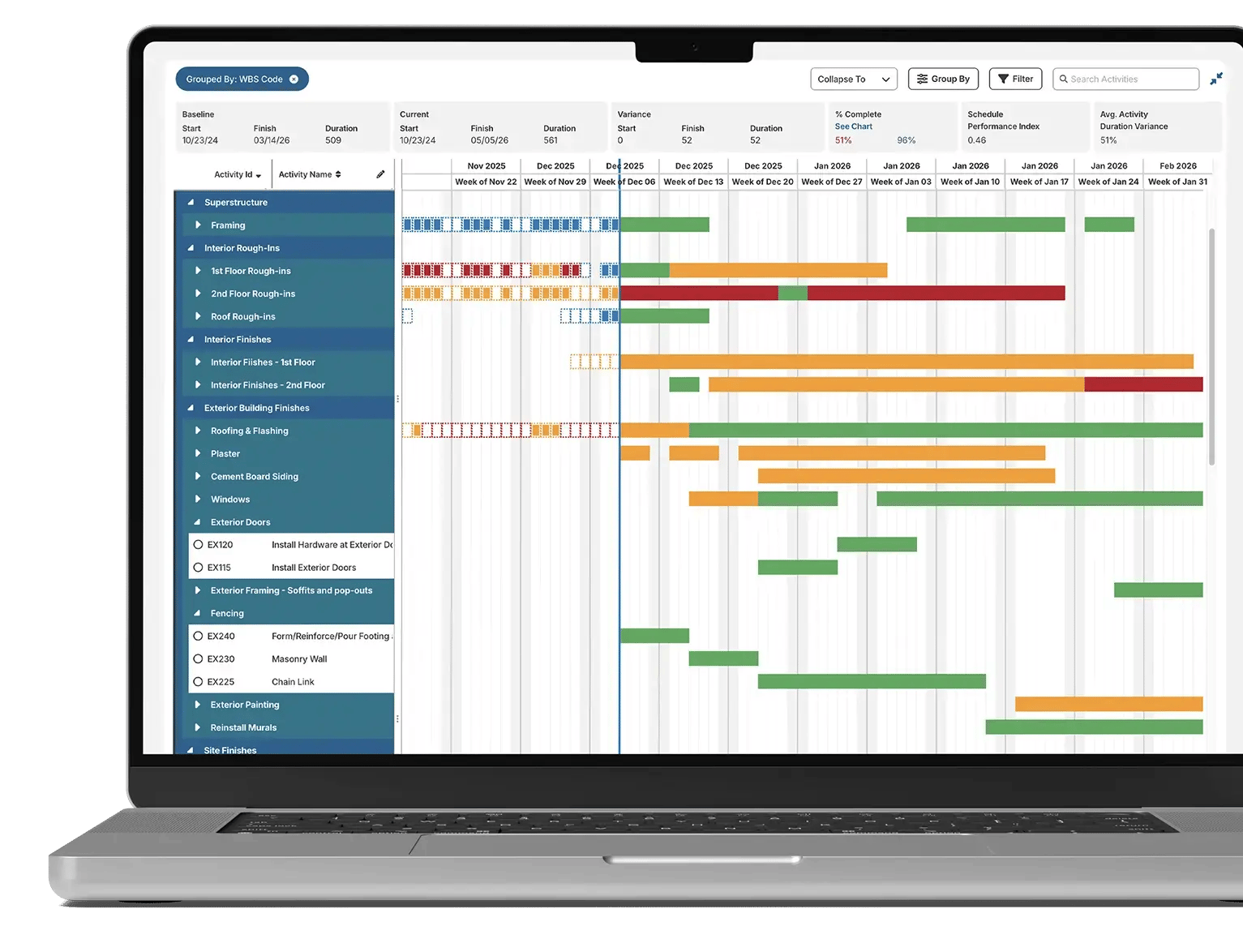 Gantt chart interface on a laptop: collapsible WBS/activity list on the left and a calendar timeline on the right with green, orange, and red task bars, progress indicators, and schedule controls across the top. Gantt chart interface on a laptop: collapsible WBS/activity list on the left and a calendar timeline on the right with green, orange, and red task bars, progress indicators, and schedule controls across the top.
