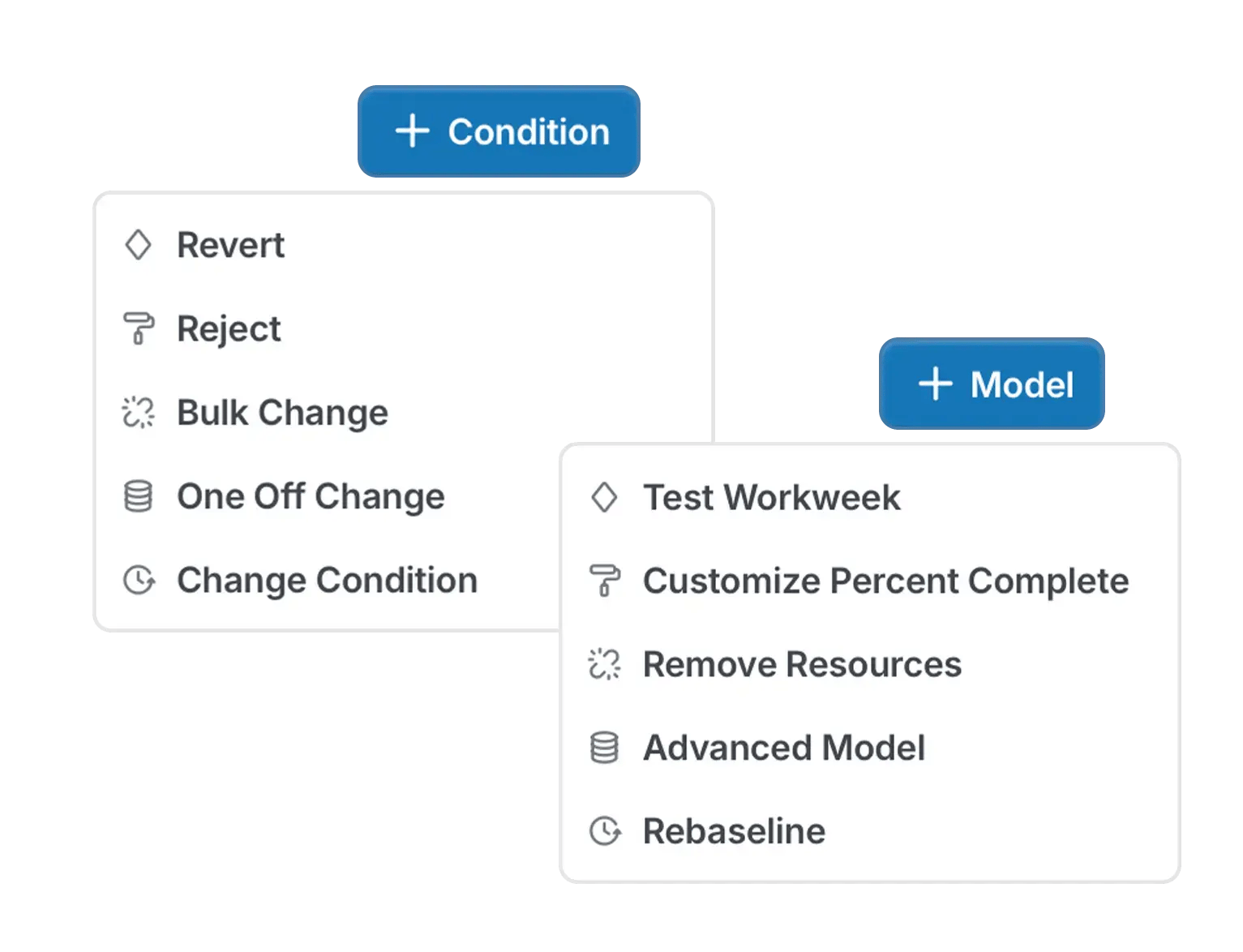 Schedule modeling interface showing open menus for adding conditions and creating models, with options for bulk edits, one-off changes, and workweek/percent complete/resource adjustments. Schedule modeling interface showing open menus for adding conditions and creating models, with options for bulk edits, one-off changes, and workweek/percent complete/resource adjustments.