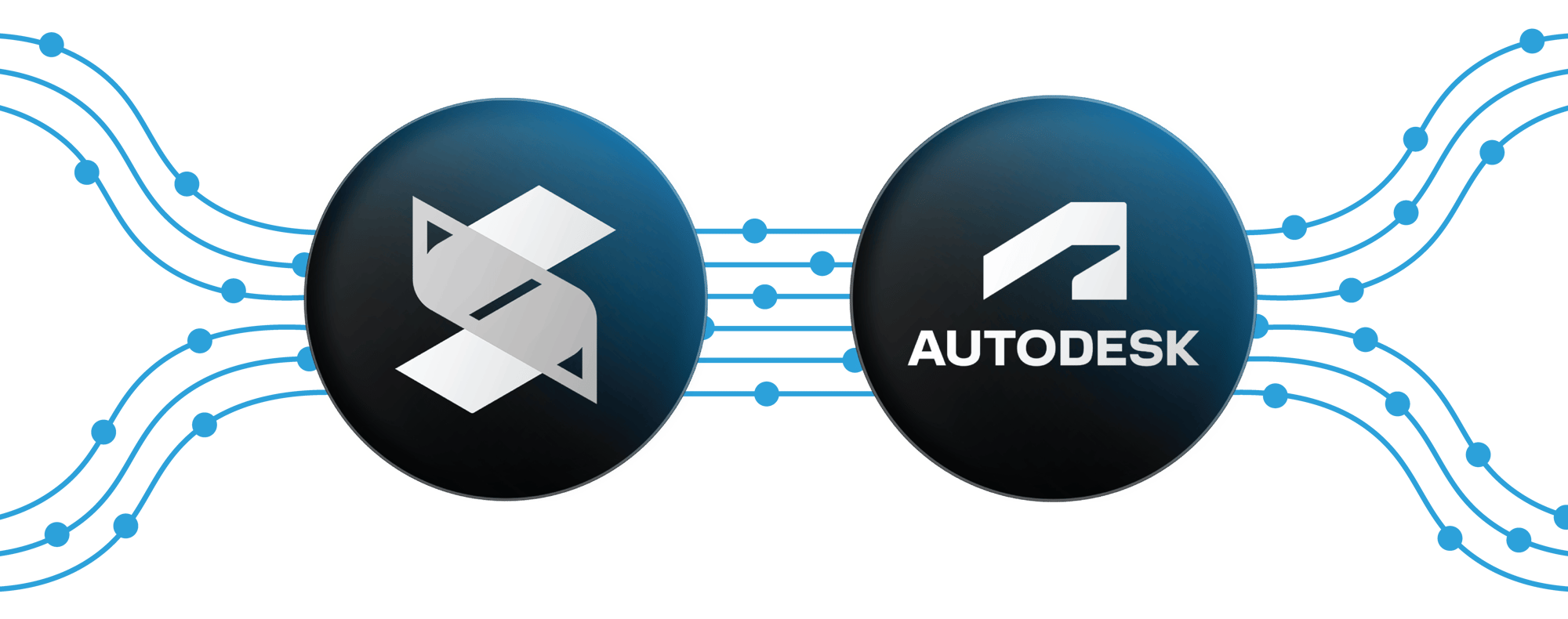 A SmartPM Icon and a Autodesk Icon connected by blue lines with dots symbolizing data.